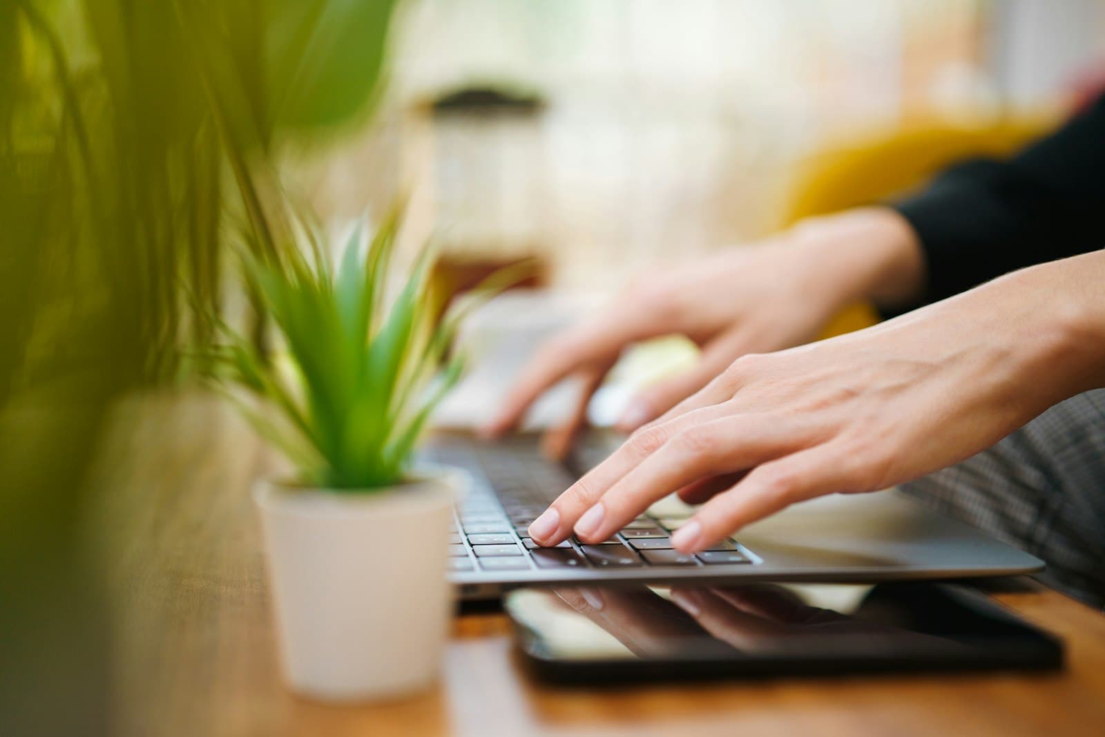 Close view of hands typing on a laptop at a sunlit wooden table